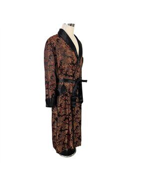 Longevity Brown Gold Silk Asian Long Wrap Robe Size 50 Vintage 1980s Hangzhou